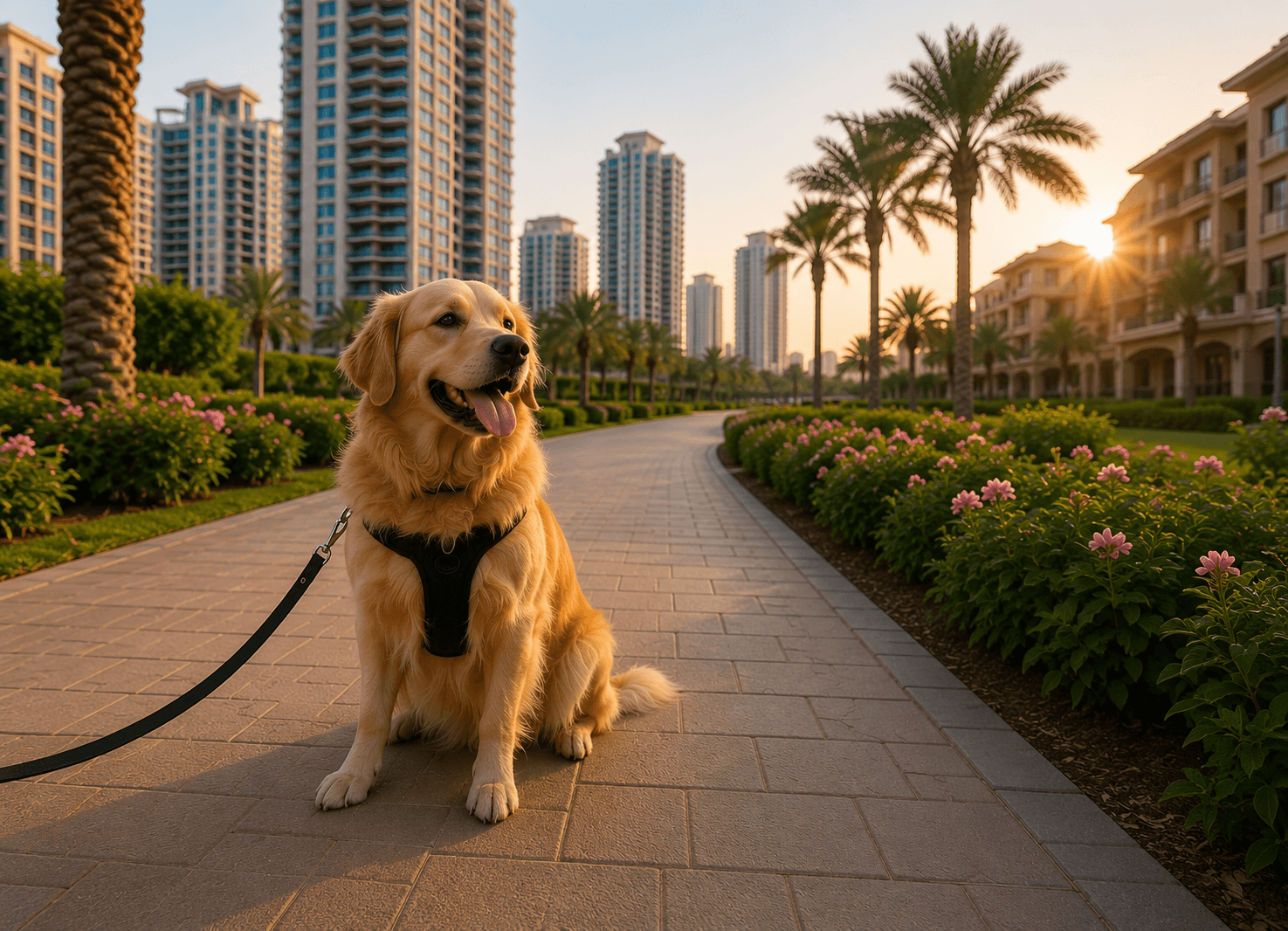 Dog walking in Dubai Sports City during a cooler time of day